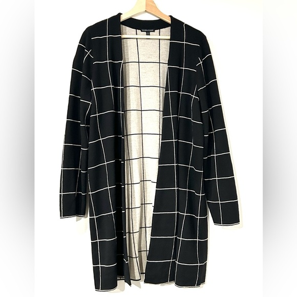NEW Eileen Fisher Windowpane Check Wool Long Cardigan in Black L - Picture 5 of 9